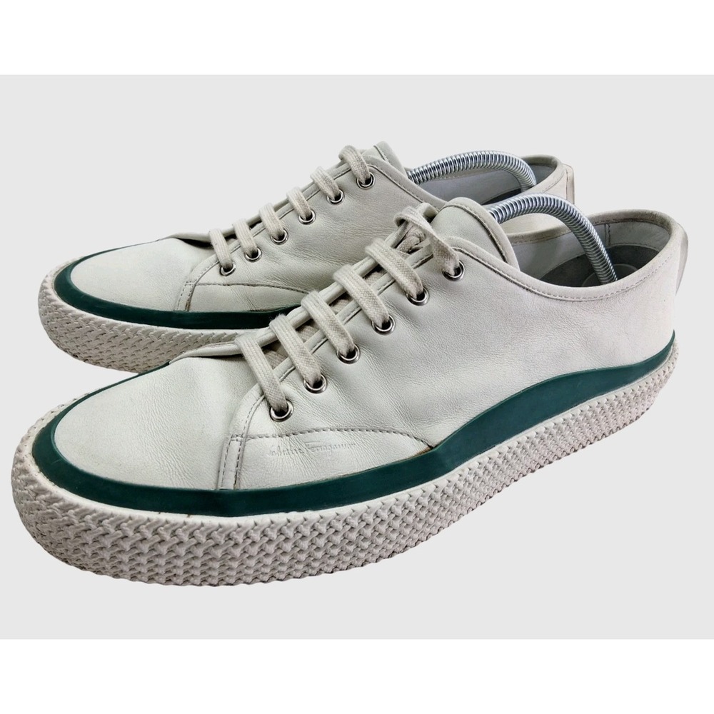 Salvatore Ferragamo Shoes Mens US 12 Off White Leather Green Trim Sneakers Italy